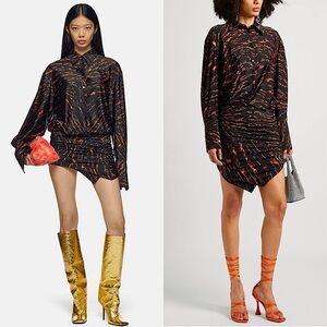 NWT ATTICO‎ Abstract Print Satin Long Sleeve Asymmetric Button Up Shirt Dress XS